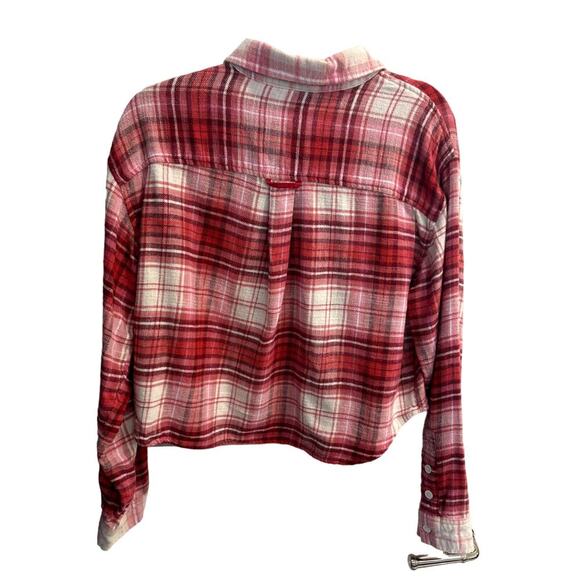 American Eagle Extra Small XS Pink Red Flannel Cropped Shirt Button Up - Picture 4 of 4